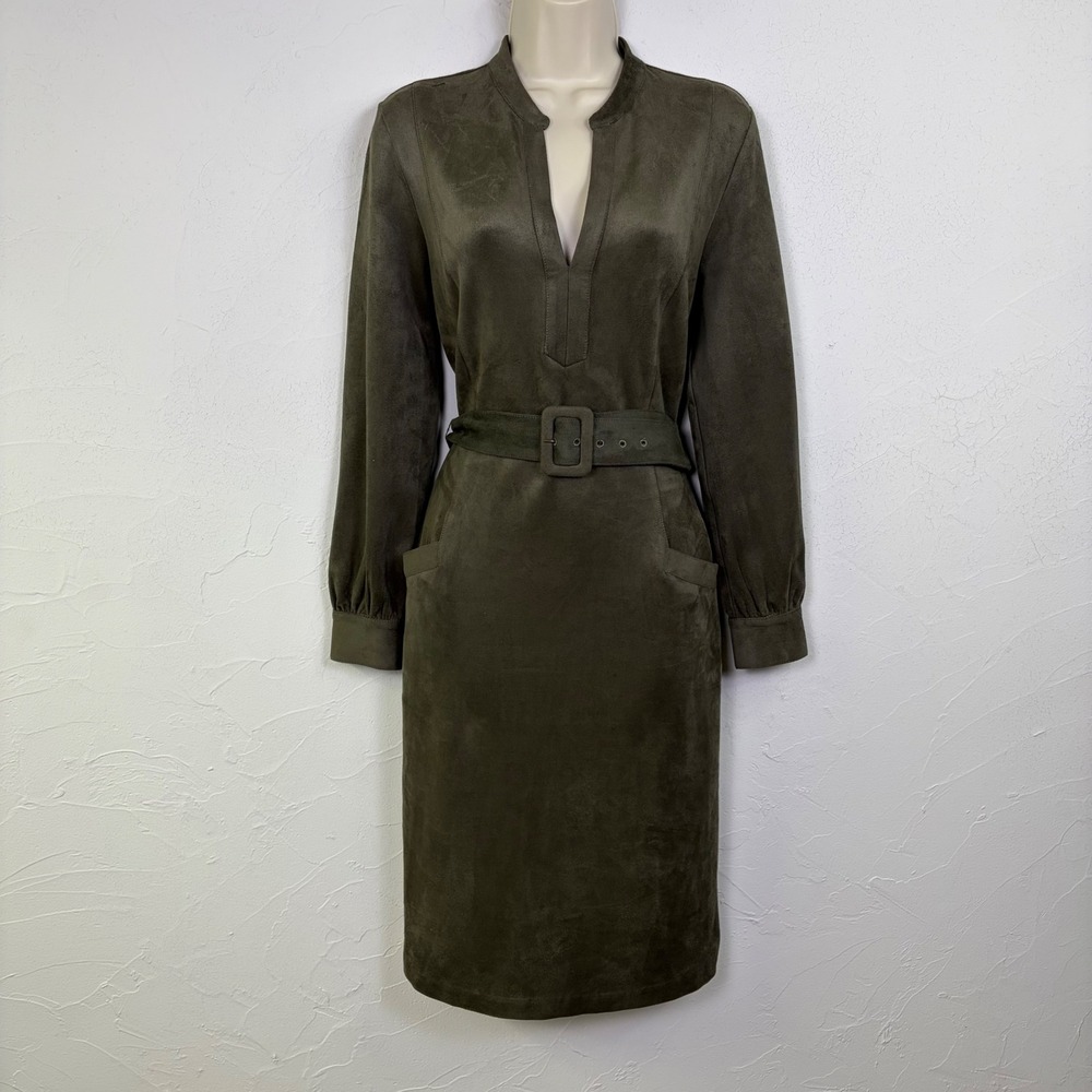 J McLaughlin Faux Suede Belted Sheath Dress S Olive Green Old Money Chic